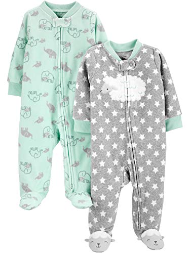 Simple Joys by Carter's 2-Pack Neutral Fleece Footed Sleep and Play Duermen para bebés y niños pequeños, Gris Estrellas/Verde Menta Elefante, 3-6 Meses (Pack de 2)