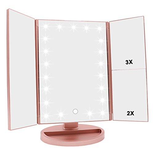 WEILY Espejo de vanidad Triple, 21 LED y Aumento 1X / 2X / 3X, Interruptor táctil para Ajustar el Brillo, Modo de Fuente de alimentación Dual Espejo de Maquillaje (Oro Rosa)