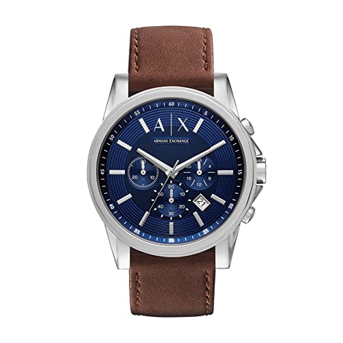 Armani Exchange Reloj Hombre, Movimiento Cronógrafo Cuarzo, 45mm Caja de acero inoxidable plateado con correa de piel, AX2501