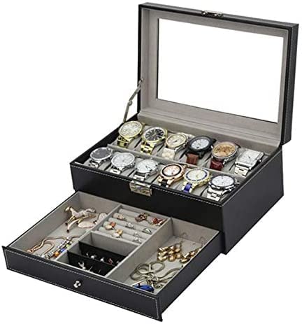Tebery Caja de reloj de 12 ranuras con cerradura con tapa de cristal, 2 capas de soporte de reloj organizador con 1 cajón para anillos y pulseras, regalo para novio (negro)