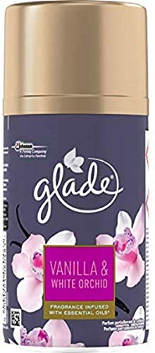 GLADE - Ambientador Vanilla y White Orchid en aerosol, recarga para dosificador automático, fragancia con aceites esenciales