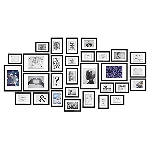 bomoe Emotion Juego de Marcos de Fotos 30 Piezas 10x 10x15 cm, 15x 13x18 cm, 5X 20x30 cm Collage con Paspartú - Decoración Mural Marcos de Fotos de Madera y Cristal de Plástico - Marco Fotos Negro
