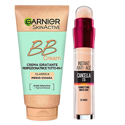 Garnier Skinactive BB Cream Crema Facial Hidratante Perfeccionadora Todo en 1 SPF25 Tono Medio-Claro + Corrector Líquido Multiusos Antiedad Color 02 Nude con Aplicador de Esponja