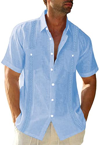 Camisa de lino Guayabera de manga corta para hombre, camisa de algodón cuba, camisa de verano, camisas casuales con cuello abotonado, camiseta informal para hombre, A: azul claro, XL