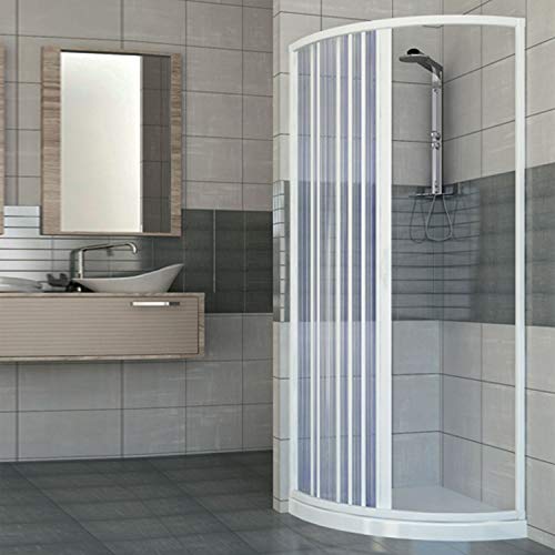 Cabina de ducha de una puerta con apertura lateral semicircular. Fabricado en PVC no tóxico autoextinguible. Reducible a través del corte del riel. Color blanco.