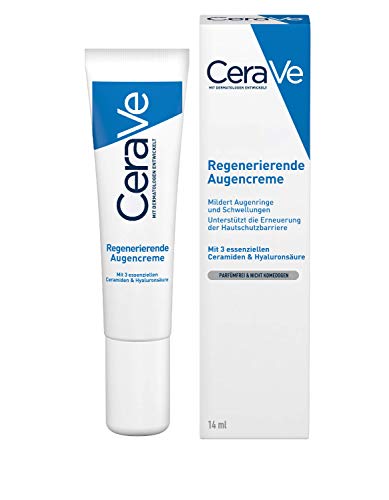CeraVe Crema regeneradora de ojos, reduce las ojeras y la hinchazón, con 3 ceramidas esenciales y hialuron, 14 ml ( Paquete de 1)