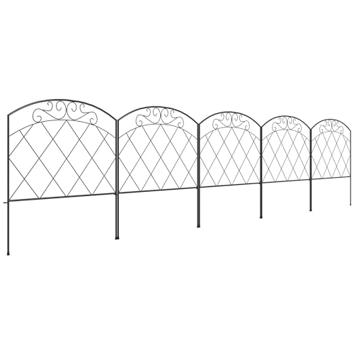 Outsunny Vallas de Jardín 305x61 cm Juego de 5 Vallas Decorativas para Jardín de Metal Combinación Libre en Forma de Arco Barrera para Animales para Terraza Patio Césped Negro
