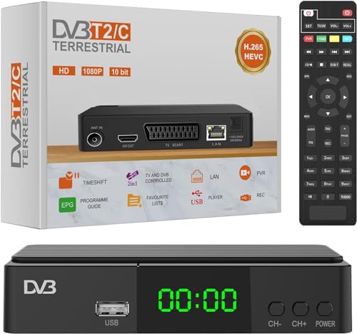 RAYPOW T265+ Receptor Terrestre TDT DVB-T2 y por Cable DVB-C, H265 HEVC FTA Full HD PVR,LAN, USB, HDMI, SCART, S/PDIF, Sensor IR, Soporte USB WiFi, Mando a Distancia Universal 2en1
