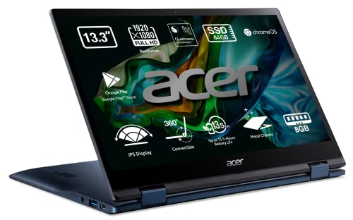 Acer Chromebook Spin 513 CP513-1H - Ordenador Portátil 2 en 1 Convertible y Táctil 13.3 Full HD IPS (Qualcomm Snapdragon SC7180, 8GB RAM, 64GB eMMC, Adreno 618, Chrome OS), PC Portátil Azul - QWERTY
