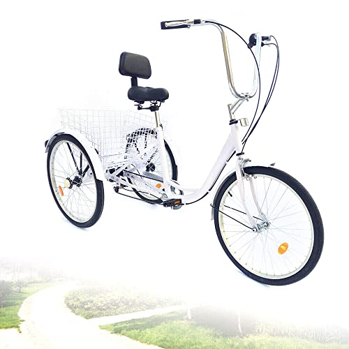 OUKANING Triciclo eléctrico de 24 pulgadas para adultos, triciclo para adultos con cesta de la compra, bicicleta de tres ruedas con 6 velocidades, ideal para compras, picnic, etc. (blanco)
