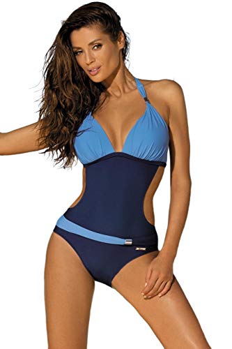 JFAN Mujer Traje de Una Pieza V-Cuello Top Halter Bikini Push Up Ropa de Baño Bloque de Color Retro Corte Alto Monokini Lago Azul XL