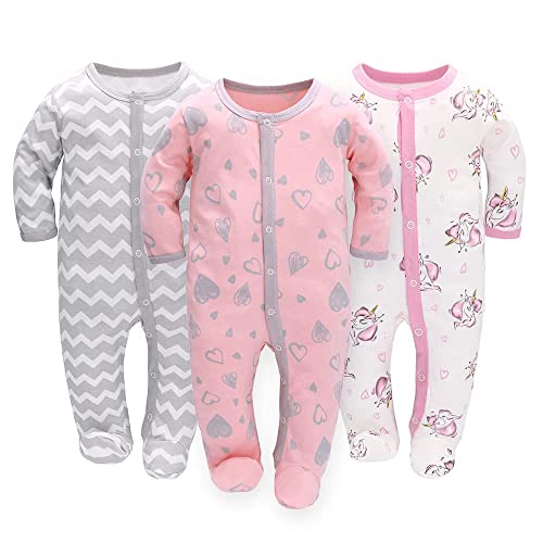 3 piezas mamelucos para bebés pijama de bebé saco de dormir de algodón con pies con botones Gr.56 62 68 para niñas recién nacidas (56, amor + unicornio)