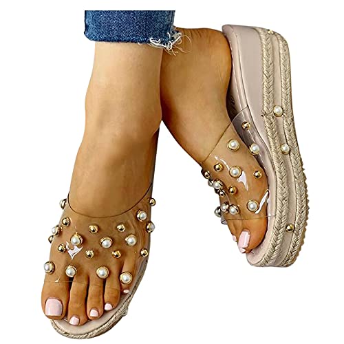 Nuevo 2021 Chanclas Mujer Sandalias Mujer Verano Moda Transparente perla Zapatos de plataforma Cuña Playa Cómodo Zapatillas planas Sandalias de Punta Abierta casual Fiesta Tacones Altos