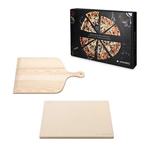Navaris Set de piedra para pizza con pala - Piedra de cordierita para hornear pizzas pan - Bandeja de 38 x 30 CM para horno parrilla barbacoa grill