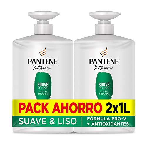 Pantene Champú Suave & Liso Nutri Pro-V, fórmula Pro-V + antioxidantes, para cabello encrespado y rebelde, con vitaminas para el cabello, 1 litro x 2