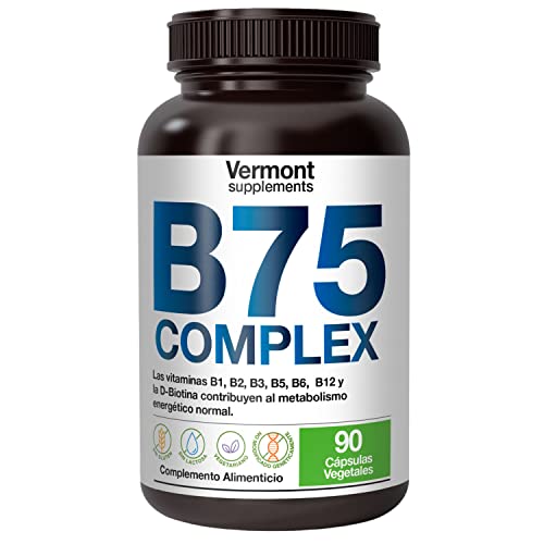 Vitamina B Complex - 90 Cápsulas de Complejo Multivitamínico B75 con Vitaminas B1, B2, B3, B5, B6, B9, B12, Biotina e Inositol para la producción de Energía del Metabolismo - Vermont Supplements