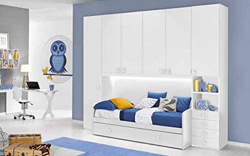 Dafne Italian Design Dormitorio completo con puente, blanco (doble cama individual y armario) (300 x 96 x 259 cm)