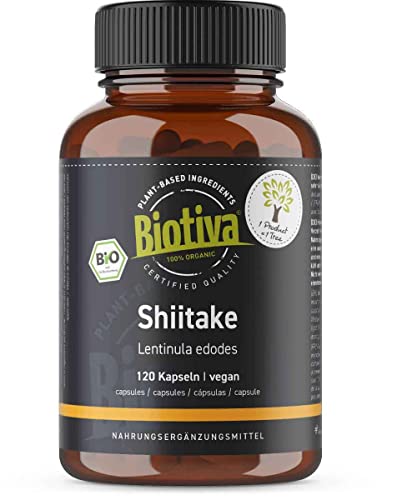 Biotiva Cápsulas de shiitake orgánico - 120 cápsulas - 100% orgánico - hongo vital - vegano - sin aditivos - llenado y certificado en Alemania