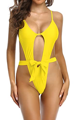 SHEKINI Mujer Traje De Baño De Una Pieza Elegante Ajustable Cutout Monokini Slim Bañador Halter Bikini Tanga Brasileña De Una Pieza Ropa De Playa（S，Amarillo）