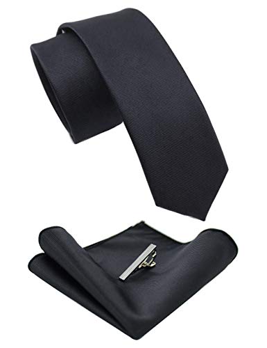 RBOCOTT Corbata estrecha de color liso y pañuelo de bolsillo con clip de corbata conjunto, Negro , Talla única