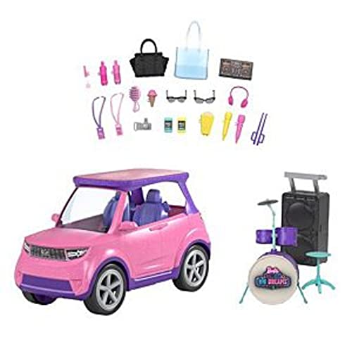 Barbie Grandes Sueños en la Gran Ciudad Coche musical rosa con purpurina, vehículo de juguete para muñecas, regalo para niños y niñas +3 años (Mattel GYJ25)