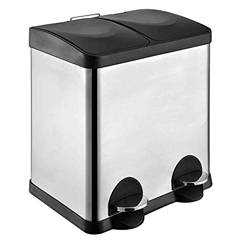 Amig - Cubo de Reciclaje Doble con Pedales | Cubo de Basura Anti-huellas para Cocina | Acero inoxidable | 2 Compartimentos x 15 L | 48 x 32 x 40 cm | Plateado