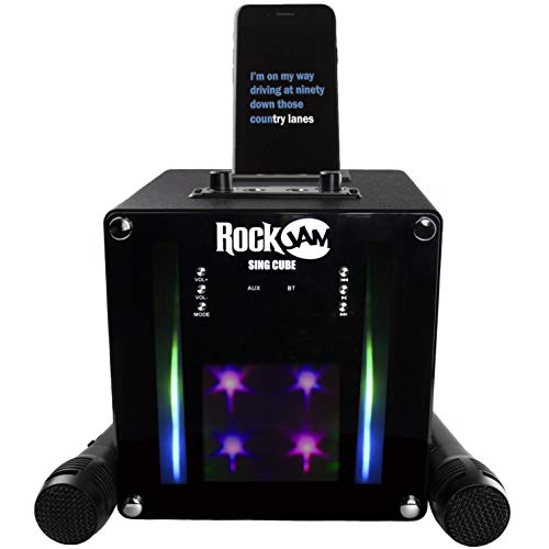 RockJam Singcube RockJam - Máquina de Karaoke Bluetooth recargable de 5 vatios con dos micrófonos, efectos de cambio de voz y luces LED, Color Negro