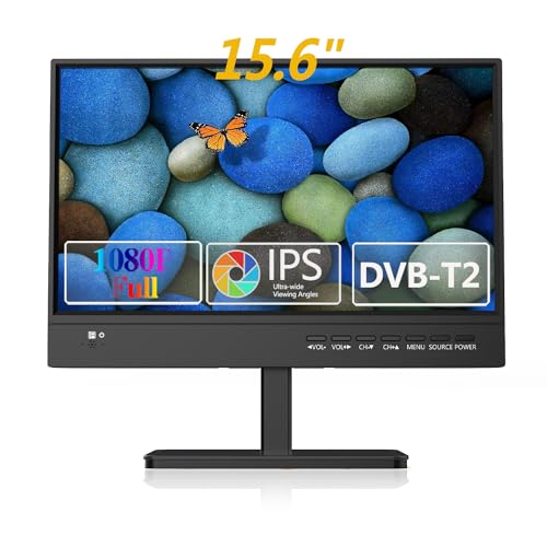 KCR 15,6 Pulgadas IPS 720P Freeview TV por Cable, HDTV DVB-T2 sintonizador, Entrada AV, HDMI/VGA Monitor de PC, Ranura USB, Mando a Distancia, Coche (12 voltios) o la Red eléctrica