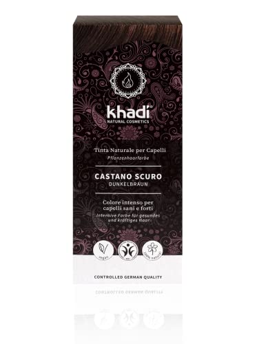 khadi DARK BROWN tinte vegetal, coloración para cabello de castaño oscuro intenso y brillante a castaño negro fuerte, color natural 100% vegetal, natural y vegano, cosmética natural certificada 100g