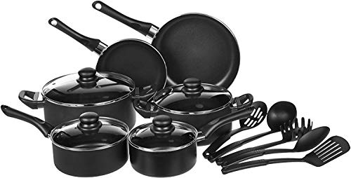 Amazon Basics - Juego de utensilios de cocina antiadherentes, 15 piezas, Negro