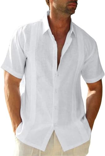 Friptspyg Hombre Camisa de Lino para de Botones de Manga Corta Estilo Casual y Ajuste Regular Cubana Camp Guayabera Camisas, Blanco L