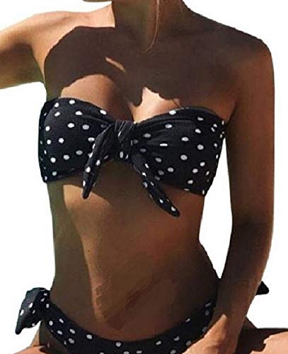 UMIPUBO Bikini Mujer Dos Piezas Ropa con Estampado de Lunares Push-Up Traje de baño con Lazo Acolchado Conjunto de Bikini de Playa Acolchado Bañador(Negro,L)