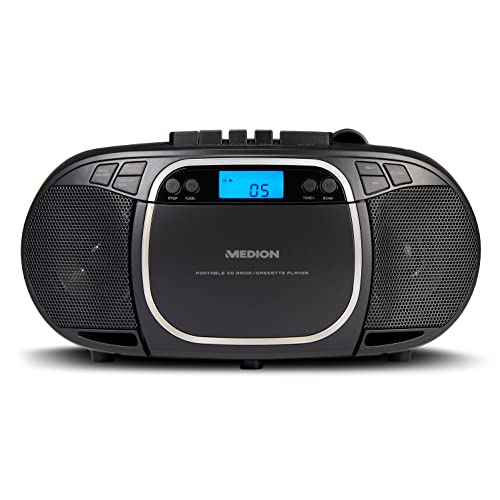 MEDION E66476 Sistema de Sonido estéreo (Boombox, Reproductor de CD, MP3, Casete, Reproductor de Casete portátil para niños, Radio FM, AUX, Auriculares, Red y batería) Negro