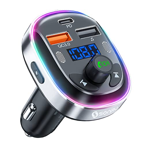 SONRU Transmisor FM Bluetooth 5.3 para Coche, Manos Libres Inalámbrico Reproductor MP3 Coche, QC3.0&PD 30W Tipo C Carga Rápida, Doble Mics+Carcasa de Metal, Soporte USB y Flash Drive
