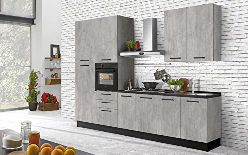 Cocina completa con electrodomésticos (horno, fregadero, campana de cocina) estilo industrial - cm. 300 x 60 x 240 - beton gris - nevera izquierda
