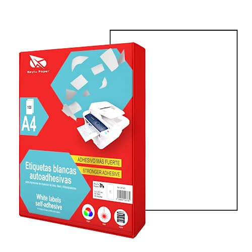 Raylu Paper ® - Etiquetas Autoadhesivas Blancas Para Imprimir, Pack De 100 Pegatinas Adhesivas De Papel En Hojas A4 Para Impresora Inkjet, Láser Y Fotocopiadoras, 1 Etiqueta Por Hoja (210 x 297 mm)