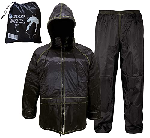 Auto Accessori Lupex - Traje de lluvia para moto, impermeable y cortaviento, con bolsa, color negro, conjunto de chubasquero y pantalón con capucha retráctil, unisex (M)