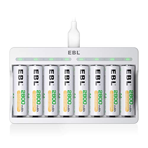EBL Cargador Rápido de Pilas con 8 x AA Pilas Recargables, Cargador 8 Ranuras Independientes, Carga USB y Protección Múltiple