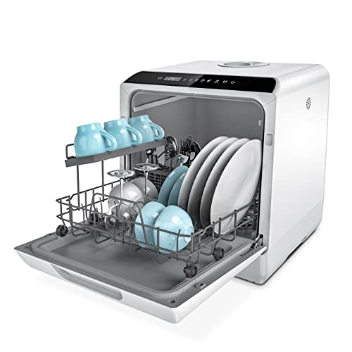 Hermitlux Mini lavavajillas compacto, para usar con o sin grifo, 43 cm de ancho, para 4 juegos, apto para camping, portatil, 175 kWh/año, Libre instalación, blanco