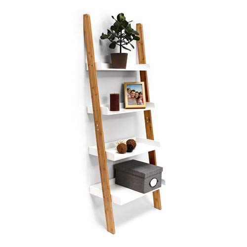 Relaxdays – Estantería Estilo Escalera de bambú, con 4 estantes, de 144 x 56 x 34 cm, para Cuarto de baño, Dormitorio, Sala de Estar, Color Blanco Natural
