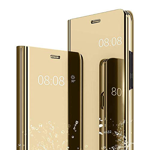 Funda Samsung Galaxy A8 Plus 2018,Flip Tapa Libro Carcasa - Modelo Fecha y Espejo Brillante tirón del Duro Case,Espejo Soporte Plegable en Reflectante (Oro Dorada)