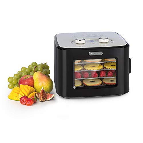 Klarstein Tutti Frutti - Deshidratador de alimentos, Temperatura: 35-80 ° C, 4 estantes de acero inoxidable, 8 L, Panel de control LED, Circulación 3D, 55 dB máx, 400 W, Negro