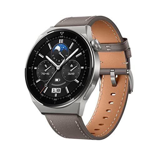 HUAWEI Watch GT 3 Pro 46 mm Smartwatch, Cuerpo de Titanio, Esfera de Zafiro, monitorización de saturación de oxígeno, frecuencia cardíaca, Larga duración de la batería, Correa de cuero gris