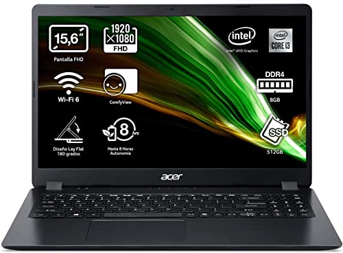 Acer Aspire 3 A315-56 - Ordenador Portátil 15.6” Full HD (Intel Core i3-1005G1, 8GB RAM, 512GB SSD, UMA Graphics, Sin Sistema Operativo) Color Negro - Teclado QWERTY Español