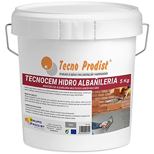 TECNOCEM HIDRO ALBAÑILERÍA de Tecno Prodist (5 Kg) Mortero de cemento para trabajos de albañilería y construcción, hidrófugo, ideal para revocos, enlucidos y colocación de ladrillos. Color Gris.