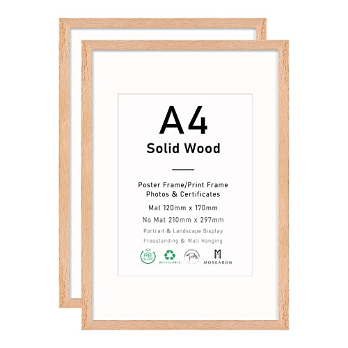 ATOBART Marco de madera maciza A4, marco de fotos de madera maciza, marco de certificado, montaje en pared o soporte de mesa para fotos o fotos, 21 x 30 cm, 2 unidades