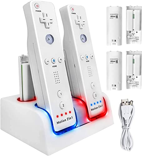 TechKen Wii Controller Charger, Estación de Carga para 2 Mandos de Wii y 2 Akkus Wii Wiimote Charging Station con 4 Baterías de 2800MAH (White)