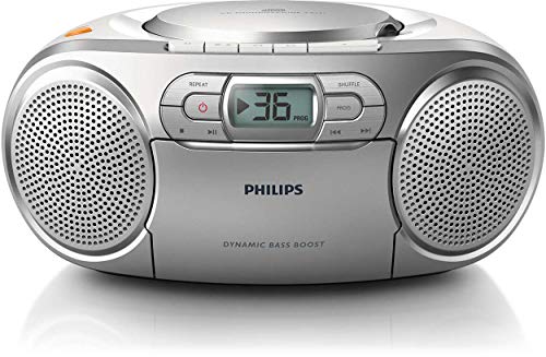 Philips AZ127/12 Reproductor de CD Portátil, Radio CD (Radio FM, Pletina de Casete, Refuerzo Dinámico de Graves, Entrada de Audio), Plateado