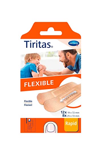 TIRITAS Flexible Rapid: Apósitos ideales para zonas con movilidad; Resistentes, transpirables y flexibles; El packaging permite su fácil y rápida extracción; 2 tamaños; 20 unidades.