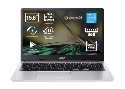 Acer Chromebook 315-4H - Ordenador Portátil 15.6' Full HD LED, Laptop (Intel Celeron N4500, 8 GB RAM, 64GB eMMc, Intel UHD Graphics, Chrome OS), PC Portátil Color Plata - Teclado Qwerty Español